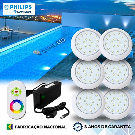 62 - KIT ILUMINAÇÃO LED PARA PISCINA 18w | 8 cm | RGB sistema Colorido  | IP68 À Prova d'água | 6 Luminárias | LED PHILIPS