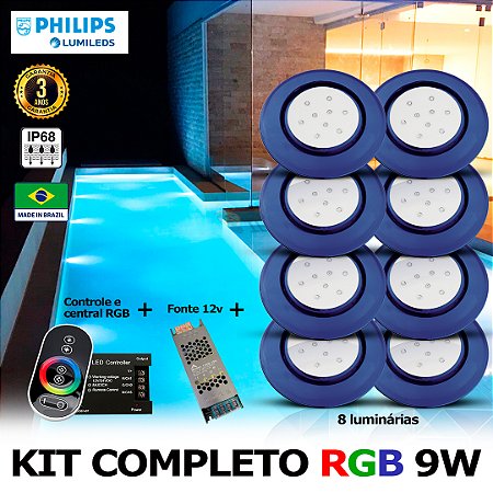 72 - KIT ILUMINAÇÃO LED PARA PISCINA 9w | 12,5 cm | RGB sistema Colorido | IP68 À Prova d'água | 8 Luminárias | LED PHILIPS