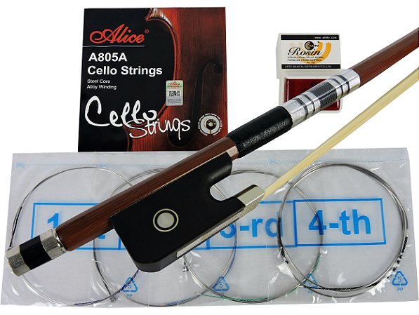 Arco para Violoncelo 4/4 Barth em Madeira Octogonal c/ Crina Animal - CB03-1A + Encordoamento Alice + Breu Rosin 602