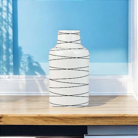 Vaso Branco Linhas 23 cm em Cerâmica TA-27