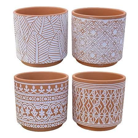 Jogo Com 4 Vasos Cement Laranja e Branco em Cerâmica TC-42