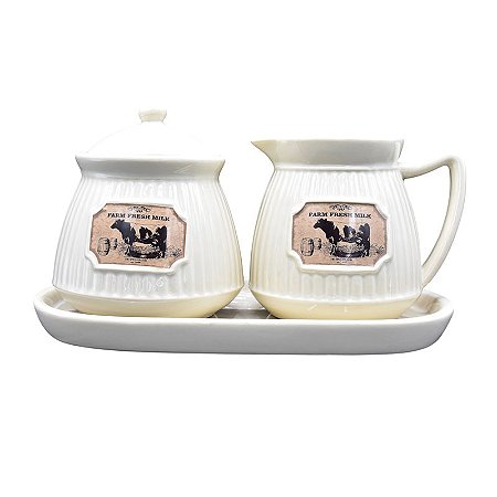 Jogo Prato Açucareiro Leiteira Ceramica Branca TK-60