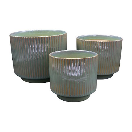 Kit 3 Pçs Vasos Verde Relevo Vertical TM-07A