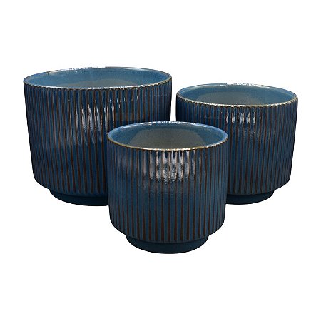 Kit 3 Pçs Vasos Azul Relevo Vertical TM-07B