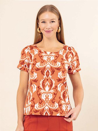 Blusa "Vibrante" Estampada Manga Curta Bainha Italiana