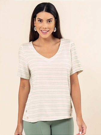 Blusa "Leve" Listrada Manga Curta Decote V