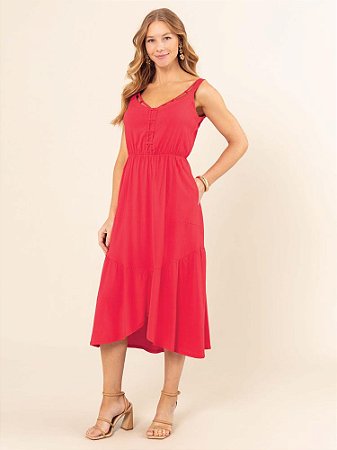 Vestido "Única" Midi Alças Triplas e Babado