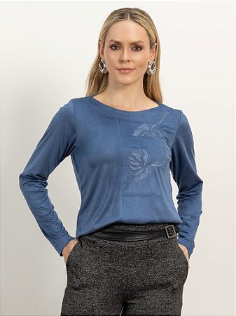 Blusa "Memórias" Manga Longa Suede Aplicação