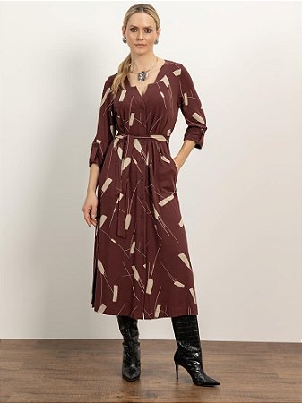 Vestido "Vibrações" Chemise Midi Mangas ¾ Estampado
