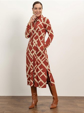 Vestido "Experiências" Chemise Midi Manga Longa Estampado