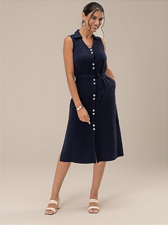 Vestido "Pausa" Sem Manga Chemise Midi com Gola e Bolsos