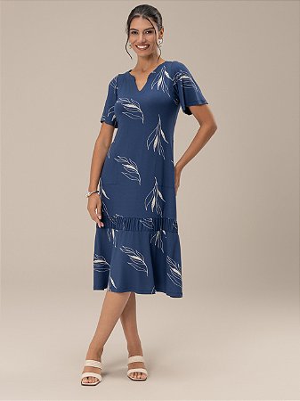 Vestido "Pausa" Manga Curta Evasê Midi com Babado