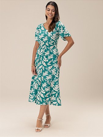 Vestido "Energia" Manga Curta Evasê Midi Elásticos Duplos