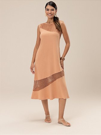 Vestido "Oásis" Sem Manga Midi Detalhe Crochê