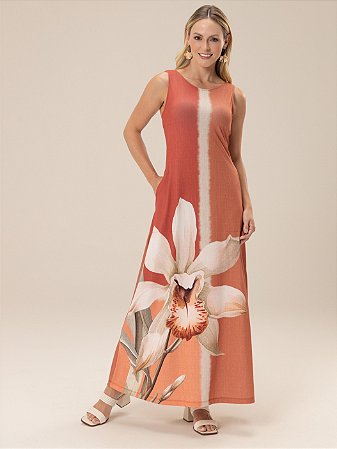 Vestido "Natural" Sem Manga Longo Floral Localizado