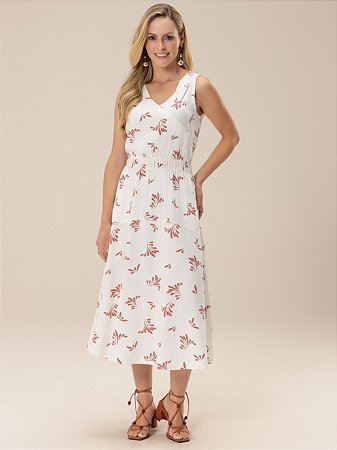Vestido "Frescor" Sem Manga Decote V Cintura com Elásticos Duplos