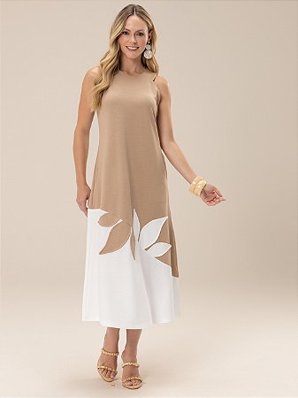 Vestido "Tranquilidade" Sem Manga Longo Bicolor Aplicação