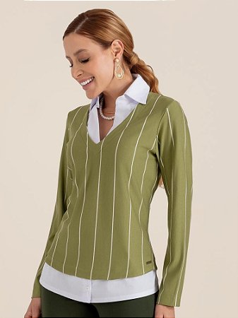 Suéter "Semente" Listrado Sobreposição Tricoline