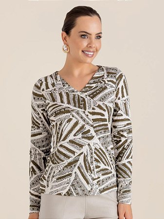 Blusa "Movimento" Manga Longa Decote V Transpassado