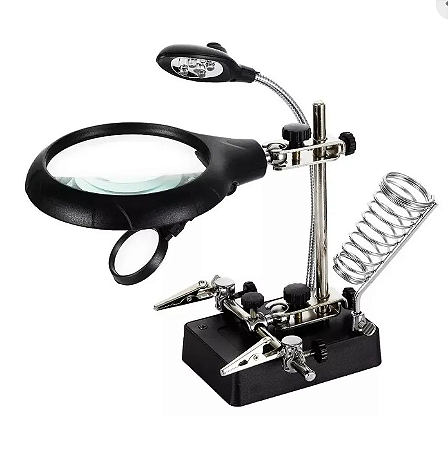 Lupa com Garra Jacaré, LED e Suporte para Ferro de Solda