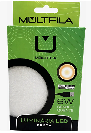 Luminária LED 6W Branco Quente Liga Desliga Preto
