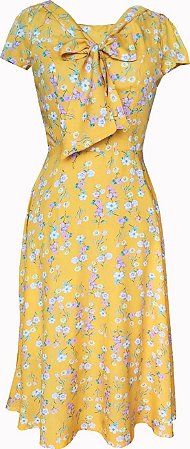 Vestido Godê Floral Com Laço Mostarda
