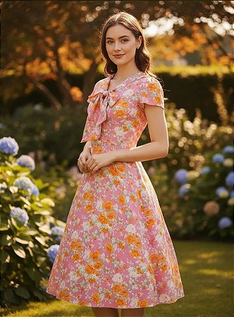 Vestido Godê Floral Com Laço Rosa Com Flores