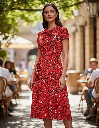 Vestido Feminino Midi Com Laço Vermelho Estampado