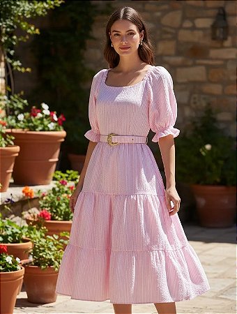 Vestido 3 Marias Listrado Rosa Lastex Com Cinto