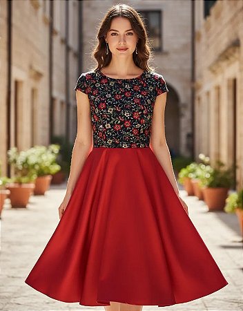 Vestido Feminino Midi Gode Vermelho Acetinado