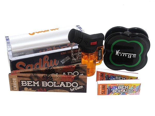 Kit 2 Sedas Bem Bolado Brown + 2 Piteiras Slim + Bolador + Dichavador Kings + Isqueiro