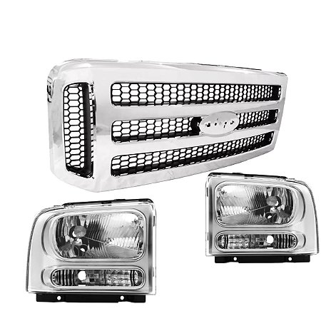Kit Grade Dianteira Cromada  e Faróis F250 F350 F4000 2006 a 2018