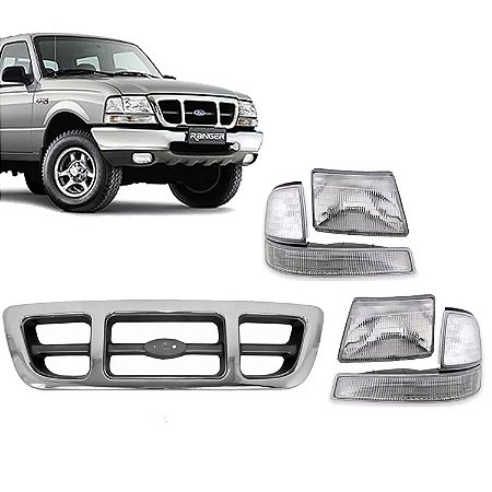 Kit Farol Grade Cromada Pisca Cristal Ford Ranger 1998 a 2003