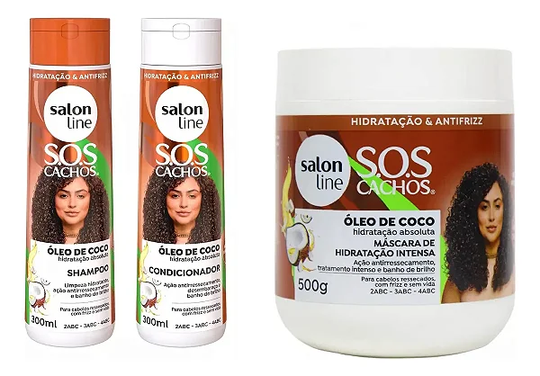 Kit Shampoo Cond Máscara Sos Cachos Coco Salon Line