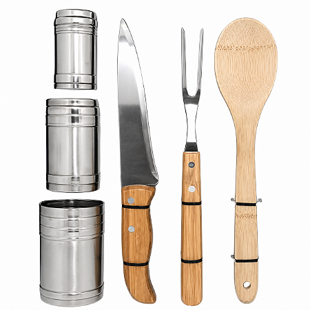 Kit Churrasco 6 Peças Inox Bambu Welf com Porta Temperos