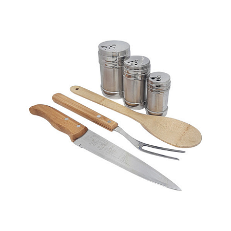 Kit Churrasco 6 Peças Inox Bambu Welf com Porta Temperos