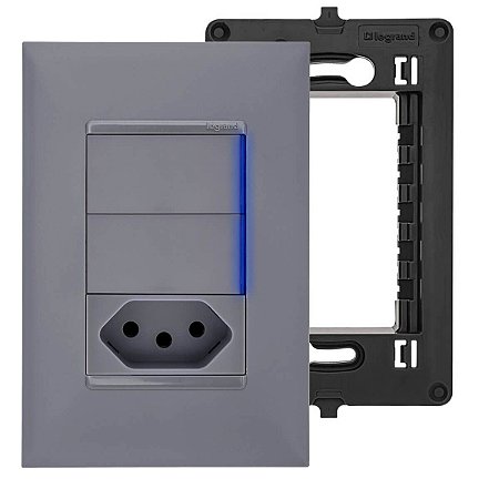 Interruptor Duplo Simples Com Led e Tomada 10A Cinza Pial Plus+