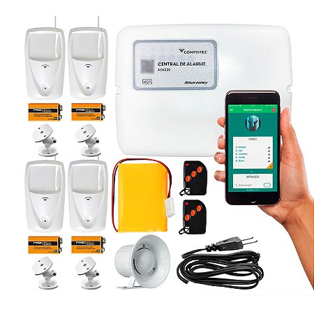 Kit Alarme Sem Fio Compatec ALW3 Wifi App iOS Android 4 Sensores