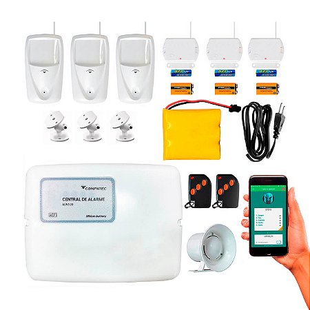 Kit Alarme Wifi Compatec Residencial Aplicativo iOS Android 6 Sensores