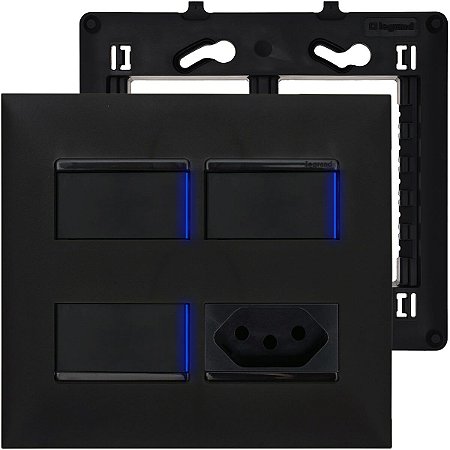 Interruptor 4x4 Preto 3 Teclas Simples Led Com Tomada 20A PIAL Plus+