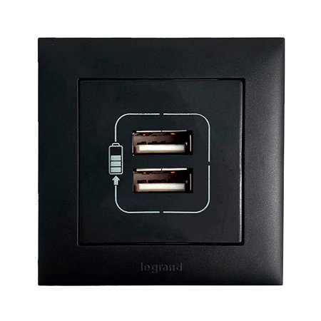 Kit Tomada USB Simples 1.5A Com Placa de Embutir em Móveis Preto PIAL Plus+ Legrand
