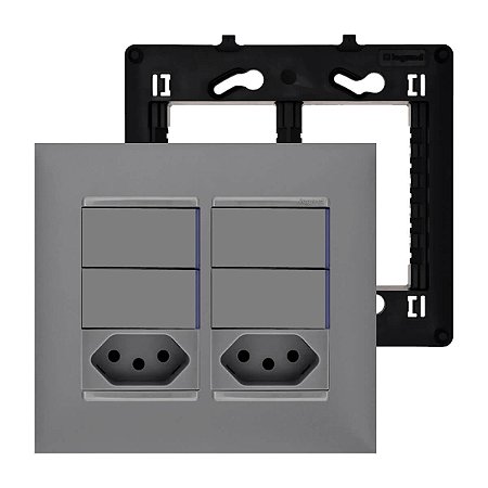 kit 4 Interruptor Simples com Tomada 20A Dupla com Placa 4x4 Cinza Legrand PIAL Plus+