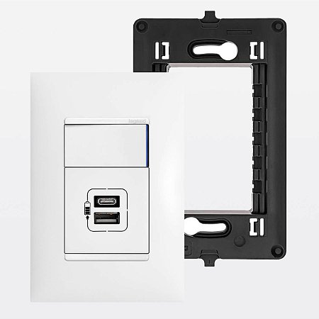 Kit Interruptor Simples com Led + Carregador Duplo USB-C+A Branco Com Placa e Suporte