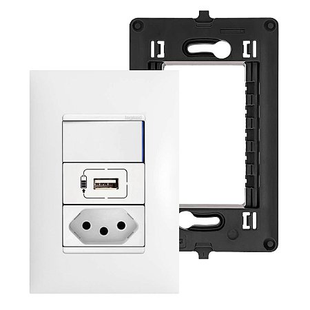 Kit Interruptor Intermediário + Tomada + USB-A com Placa e Suporte 4x2 Legrand PIAL Plus+