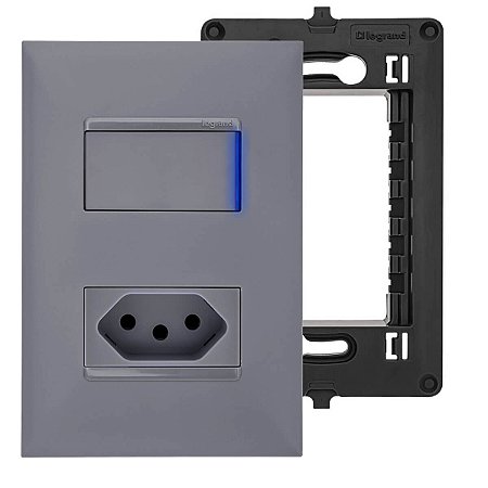 Kit Tomada 10A com Interruptor Paralelo Com LED Placa e Suporte Cinza PIAL Plus+ Legrand