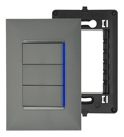 Kit Completo Interruptor Triplo com Led Placa e Suporte 4x2 Legrand PIAL Plus+ Cinza