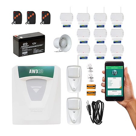 Kit Alarme Residencial Wifi Compatec AW3 App iOS Android 12 Sensores