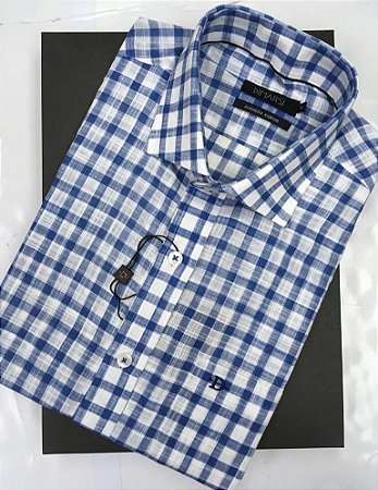 Camisa Dimarsi Tradicional Regular Fit - Com Bolso - Manga Curta - Algodão Egípcio - Ref. 8907  Xadrez Azul
