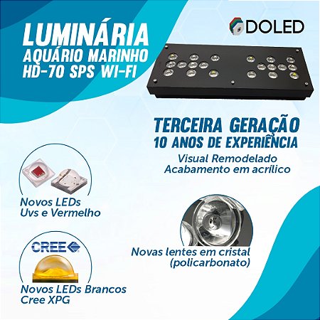 Luminária Doled Aquário Marinho HD-70 SPS Wi-Fi