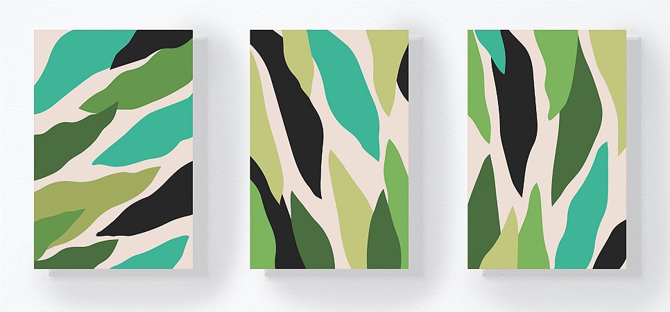Trio Retangular Azulejos - Folhas Abstratas Verdes